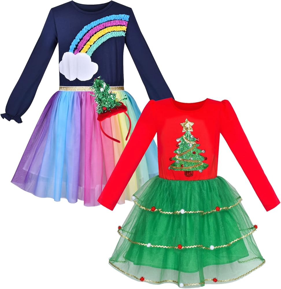 Girls Rainbow Christmas Long Sleeve Tulle Dress 2 PCS Sets