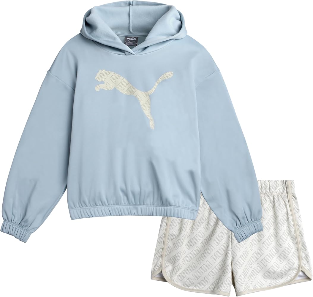 PUMA Girls Active Shorts Set - 2 Piece Performance Pullover Hoodie and Athletic Shorts - Cute Athletic Outfit for Girls (S-L)