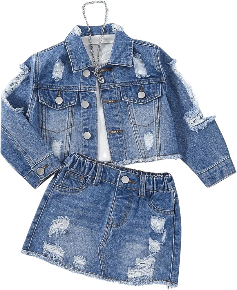 WDIRARA Girl's 2 Piece Outfit Ripped Button Front Long Sleeve Denim Jackets and Mini Skirts Set