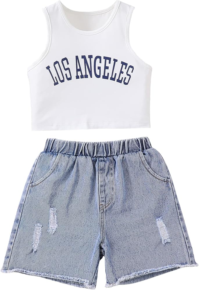 SHENHE Girl's 2 Piece Outfits Letter Print Neck Tank Crop Top and Denim Shorts Set