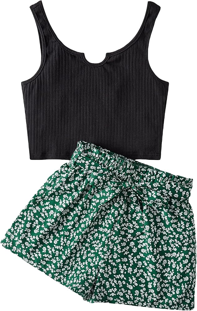 Milumia Girl's 2 Piece Outfits Rib Knit Notched Neck Crop Tank Top and Floral Belted Shorts Set