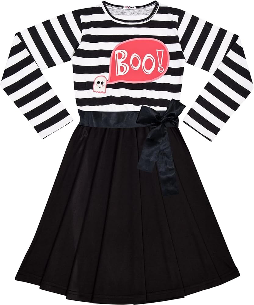 A2Z 4 Kids Girls Skater Dress Long Sleeves Boo Printed Soft Comfortable Stripes Panelled Halloween Party Fashion Dresses