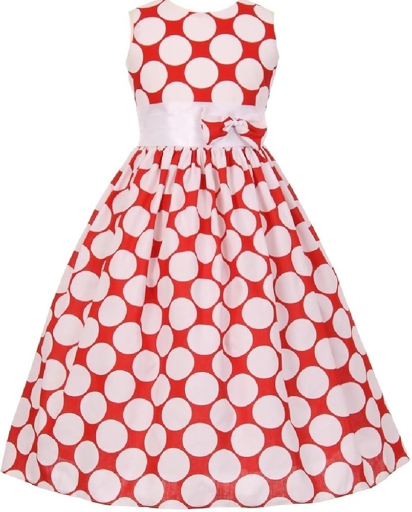 Little Girls Large Polka Dot Print Bow Accented Flowers Girls Dresses