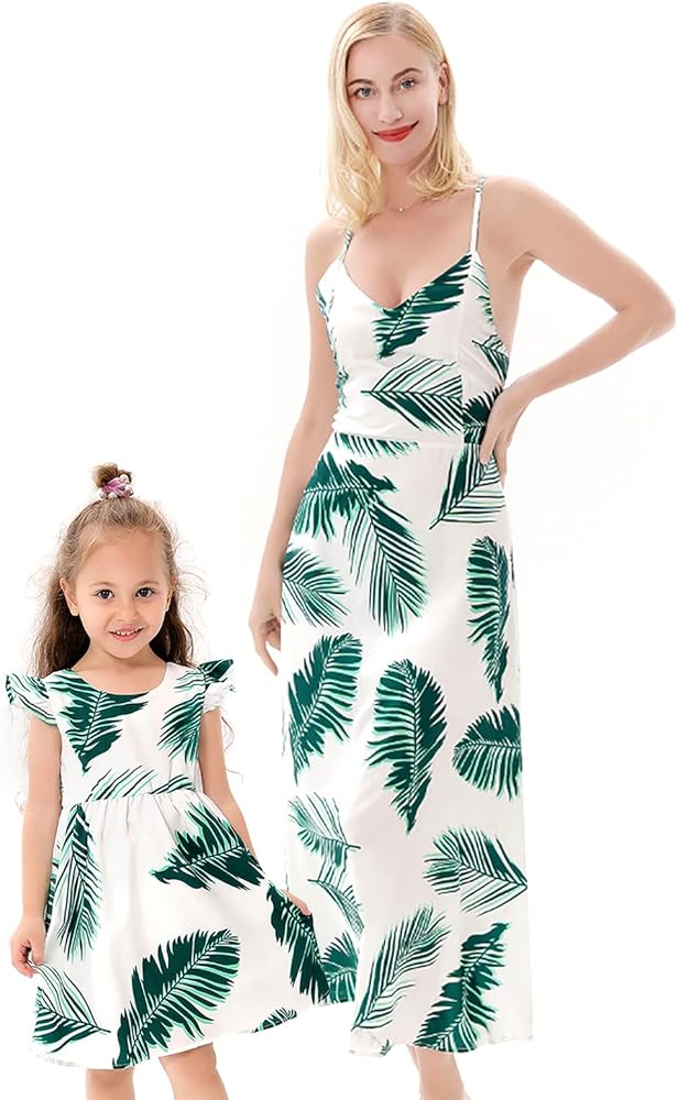 Mom and Me Summer Matching Dress Mother and Daughter Green Leaves Print Sleeveless Skirts Family Matching Beach Outfit