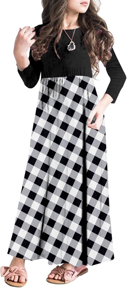 MITILLY Girls 3/4 Sleeve Pleated Casual Swing Long Maxi Dress with Pockets 6-12 Years