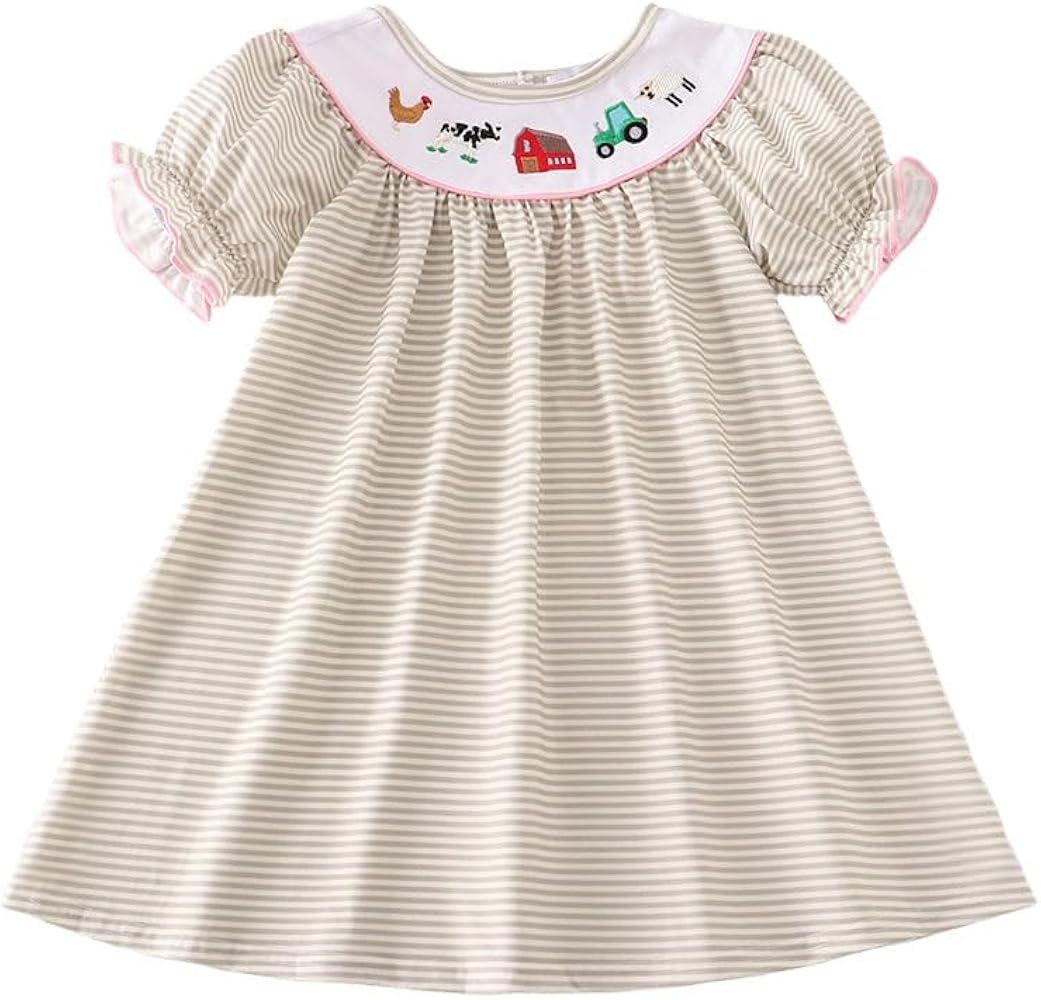 Brown Farm Embroidery Girls Short Sleeve Dress