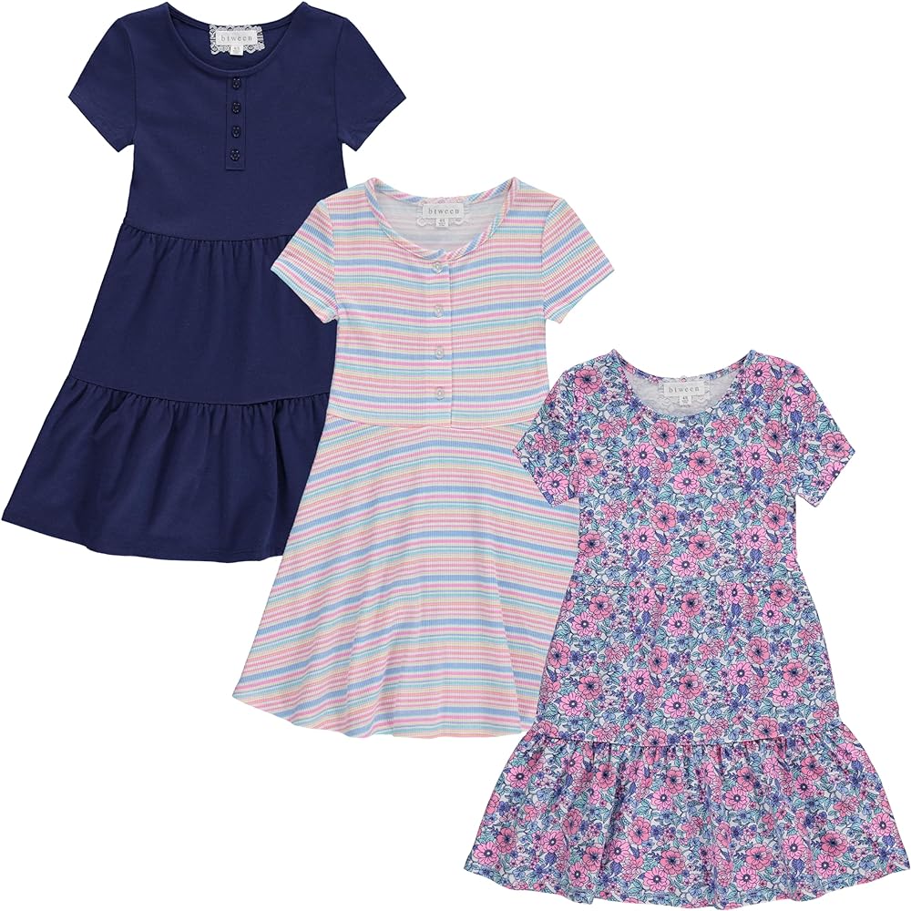 BTween 3-PC Girls Summer Dress Set - Short Sleeve Casual Skater Dresses with Stripe & Floral Print