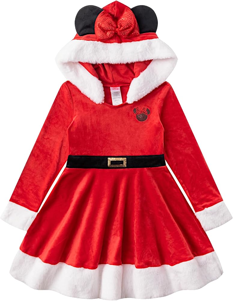 Disney Princess Frozen Elsa Minnie Mouse Girls Christmas Holiday Long Sleeve Hooded Santa Dress for Toddlers to Big Kids