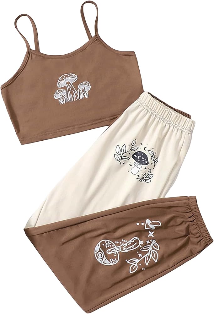 SOLY HUX Girl's 2 Piece Outfits Butterfly Cami Crop Tops and Sweatpants Set Multi Mushroom