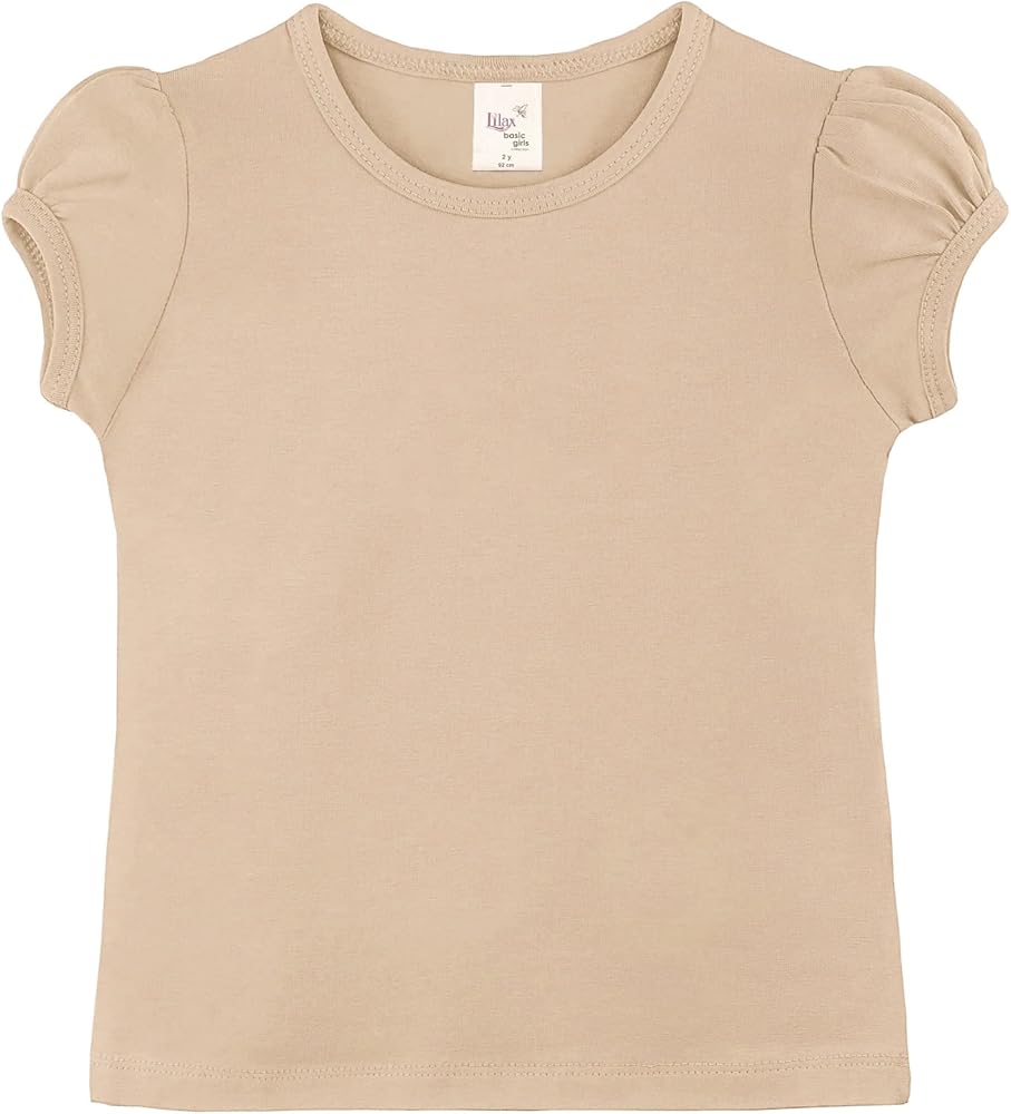 Lilax Girls' Basic Short Puff Sleeve Round Neck Cotton T-Shirt