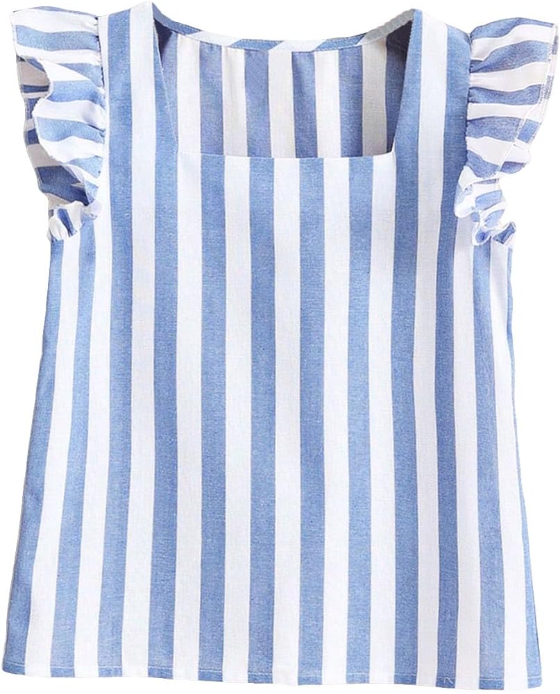 WDIRARA Girl's Striped Print Ruffle Trim Shirt Square Neck Cap Flounce Sleeve Cute Blouse Top