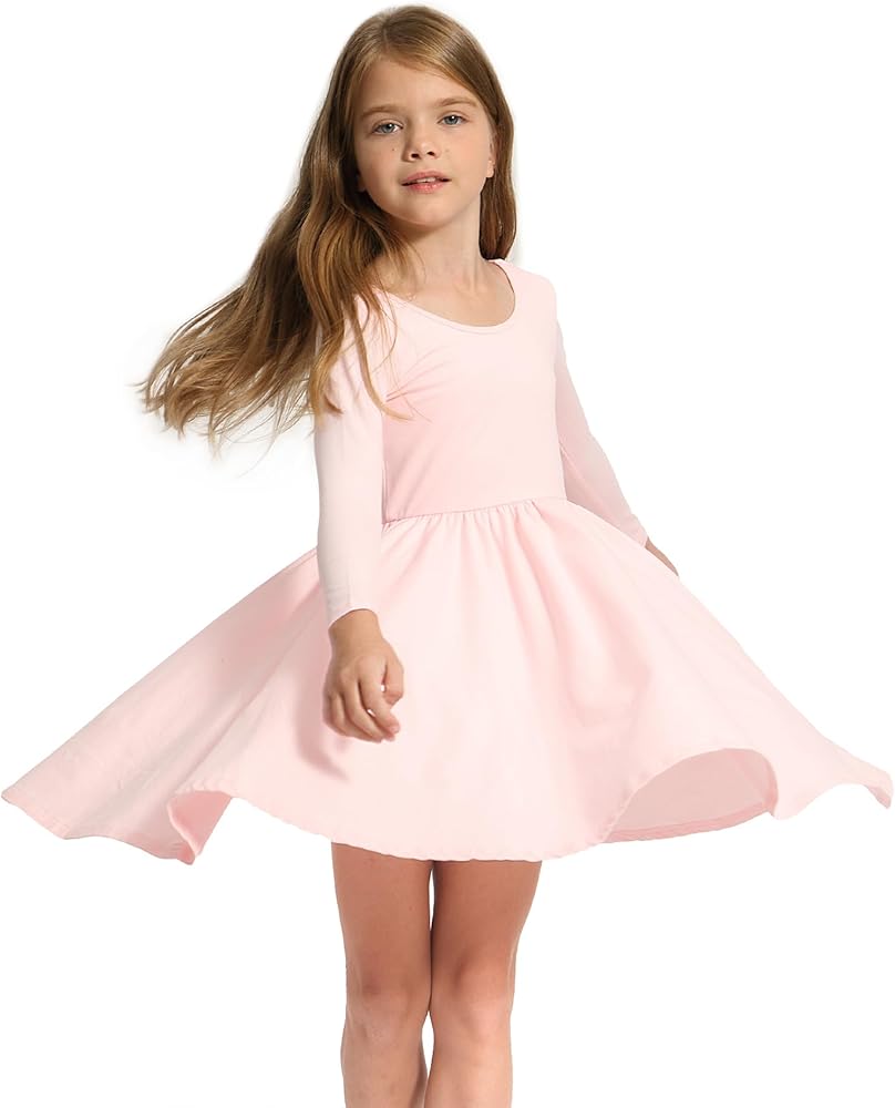 Stelle Long Sleeve Girls Dresses Cotton Skater Twirly Casual A-Line Dress for Toddler School Recital Party