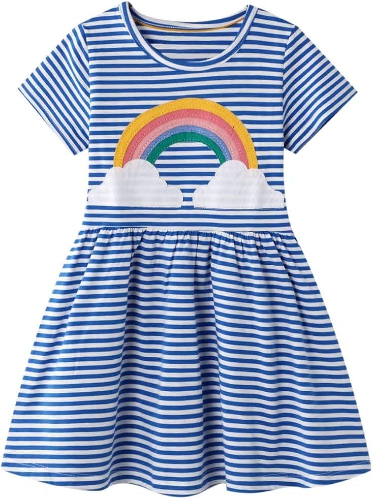 AIWUHE Toddler Girls Dress Cotton Casual Short Sleeve Striped Jersey Dresses Summer Cartoon Dinosaurs Appliques Shirt 2-7Y