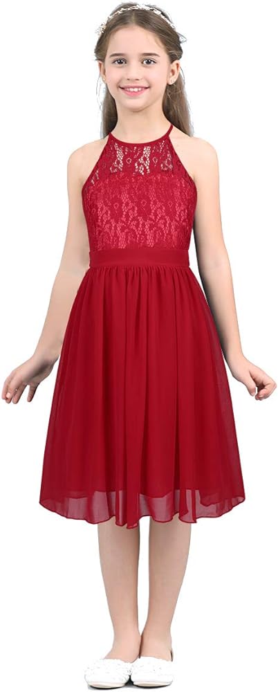 YiZYiF Kids Big Girls' Halter Lace Chiffon Flower Dress Junior Bridesmaid Wedding Dance Party Gowns