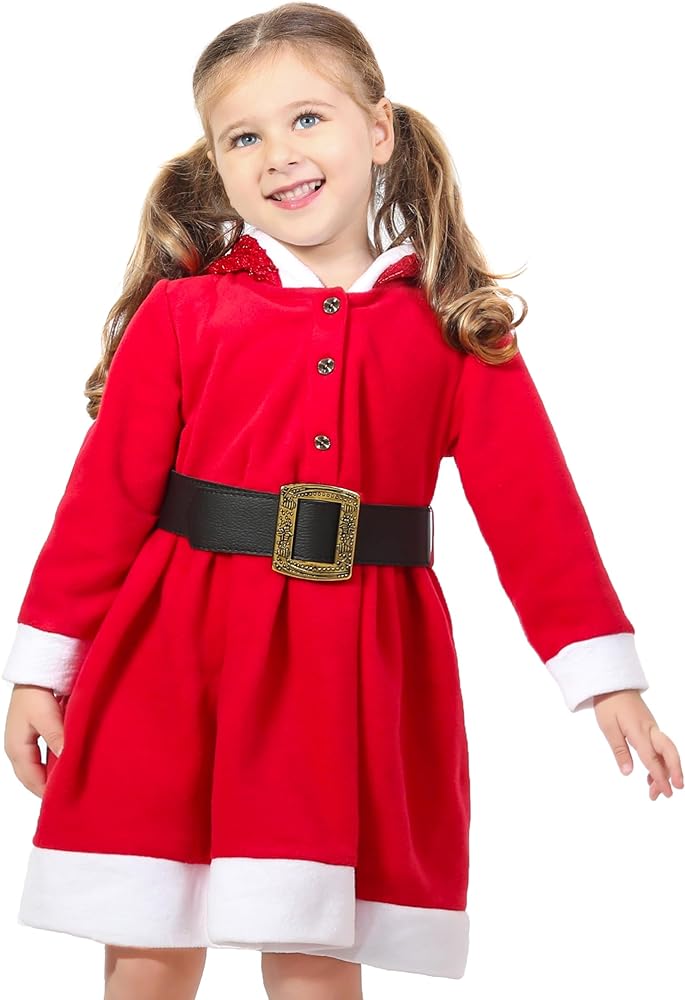 Lilax Little Girls' Holiday Christmas Santa Sparkle Hood Red Dress with Belt