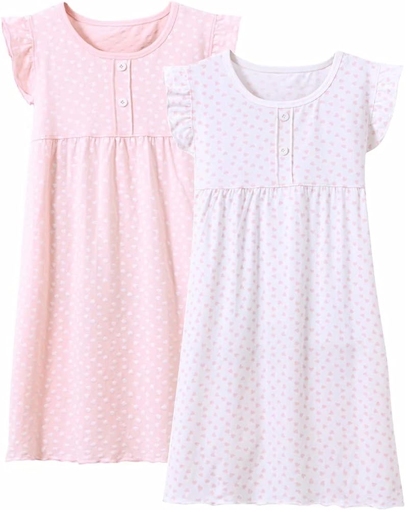 BANGSAUR Girls' Dress Set Cotton Sleepshirts, Heart Print Princess Daily Dress, 2-Pack Casual Dress Girl 3-12 Years