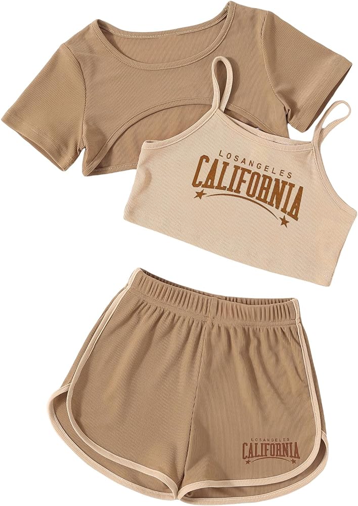 OYOANGLE Girl's Summer Outfit 3 Pieces Letter Print Cami Top and Crop Top Tee with Shorts Set Khaki 5Y