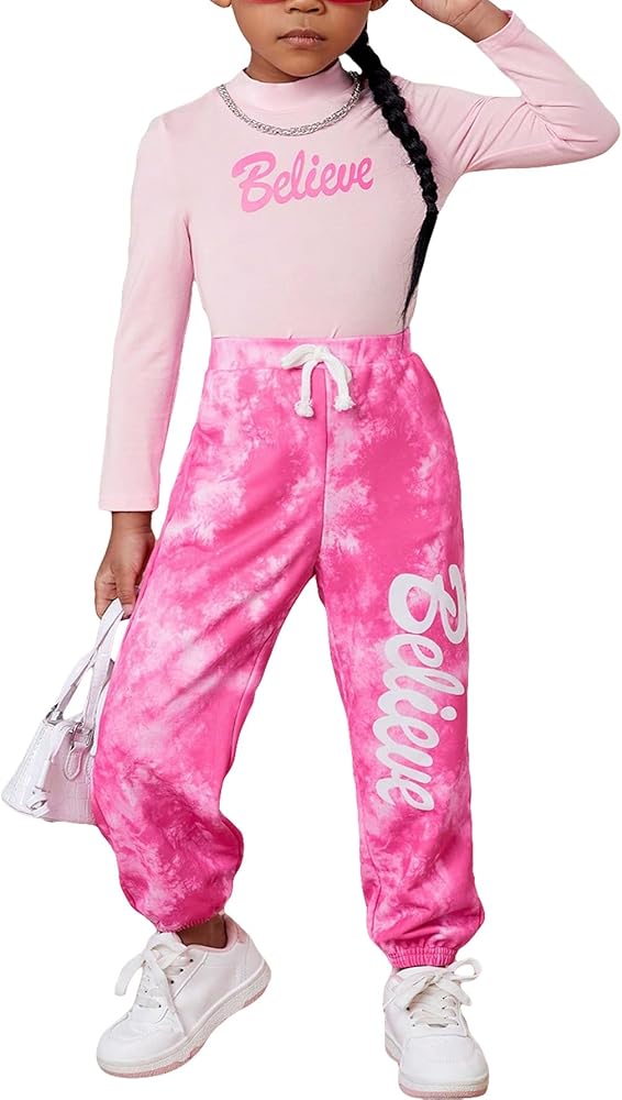 Floerns Girl's 2 Piece Outfit Long Sleeve Tee and Tie Dye Sweatpants Set