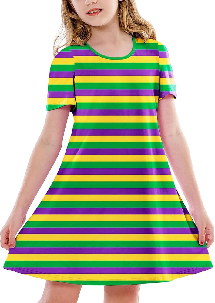 Girl Mardi Gras Dresses Short Sleeve Purple Green Yellow Striped Tshirt Dress 3-14 Years