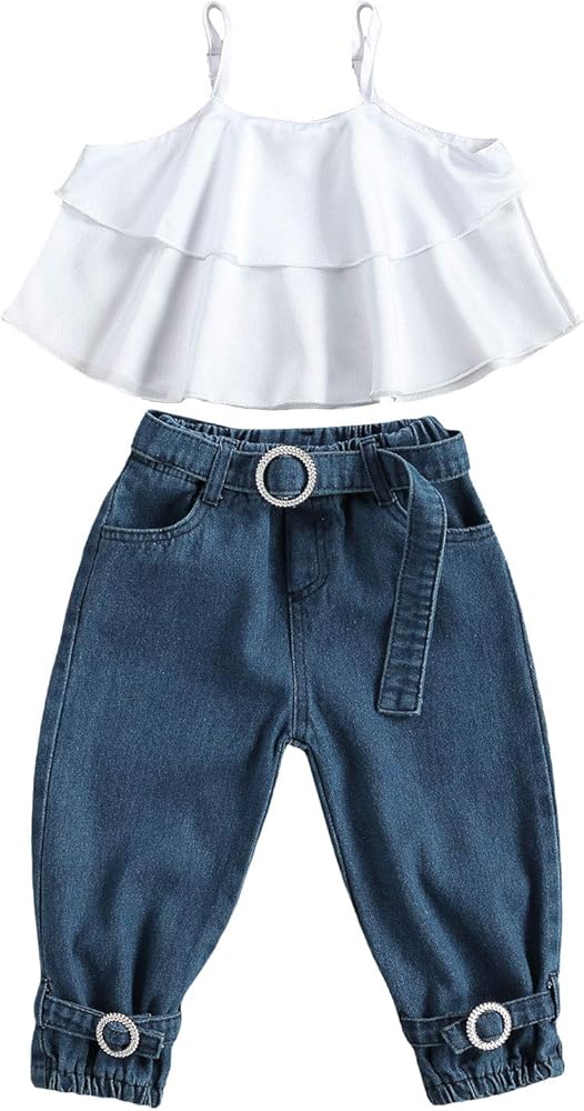 Madjtlqy Baby Girls Denim Clothing Sets 2Pcs Outfits Off Shoulder Vest Top Shirt Ripped Jeans Toddler Girl Pants Clothes Set