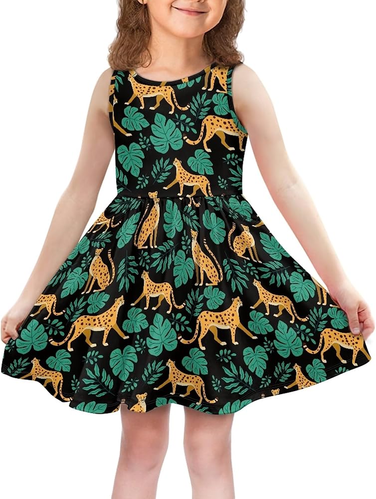 Girls Dress Sleeveless Crewneck A-line Dress Swing Flared Casual Party Dress with Pockets