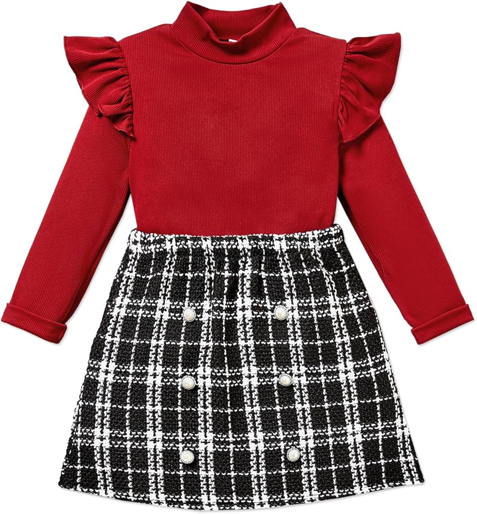 PATPAT Girl's 2 Piece Skirt Set Long Sleeve Tee Top Shirt and Plaid Tweed Mini Skirts Outfits