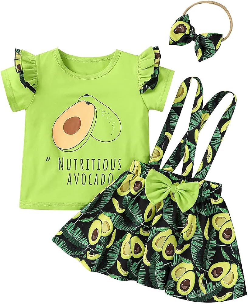 Quenny Summer New Girls' Suits,Girls' Fruit Printed T-Shirt,Suspender Skirt and Headband Three-Piece Suits.